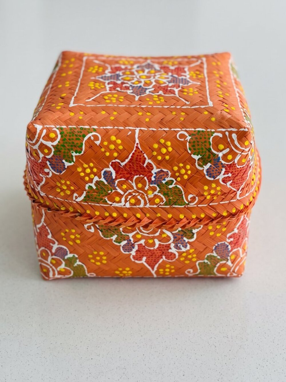 Vintage Indonesian Orange Hand Painted Woven Offering Basket with Lid 7”
